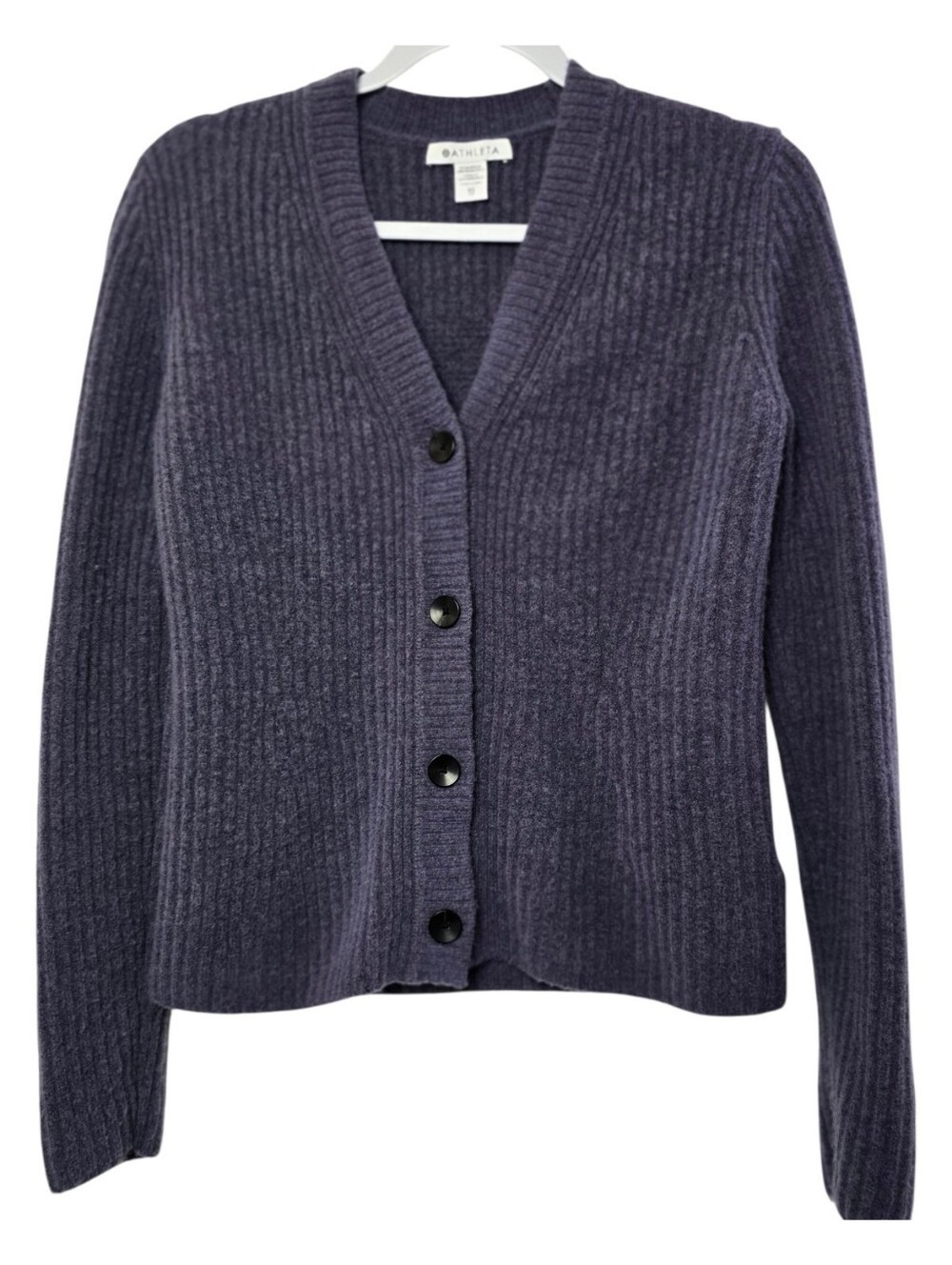 Athleta Layover Cardigan Nightfall Purple XS Merino Wool Blend Ribbed Knit